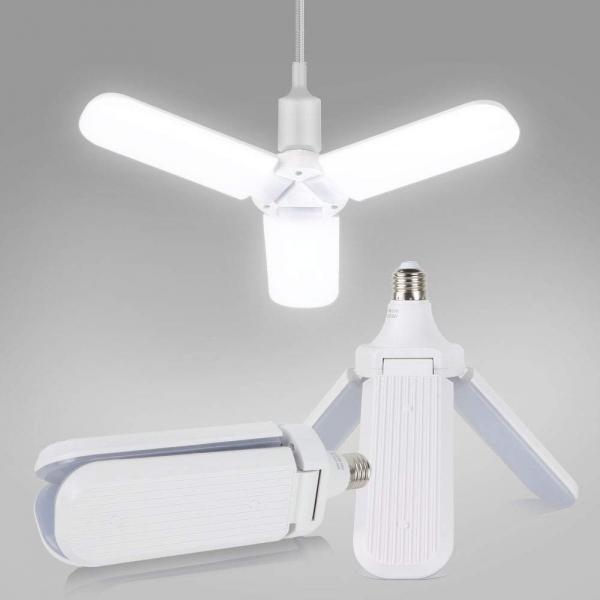 45W 110V-265V 6500K Cold White Super Bright E27 Foldable LED Garage Light Three-Leaf Fan Blade LED Light Bulb for Home Garage Workshop Basement Porch Backyard Garden