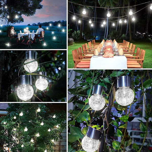 4PCS Tree Hanging Globe Light Solar Crackle Glass Ball Lamp Decorative Lantern White Light  For Garden Wedding Party Holiday