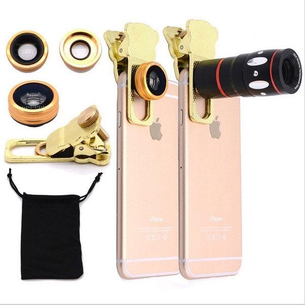 4-in-1 Clamp Fisheye Wide-angle Macro Camera Telescope Telephoto Lens Golden