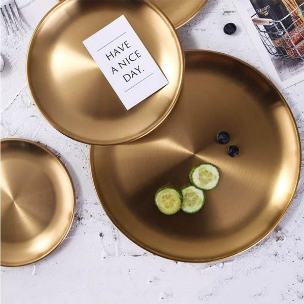 Christmas Dinnerware Gold Silver plated Round Dishes Disc Dessert Fruit Plate Stainless steel Tableware Salad Bread Snack Utensil For Home or Party