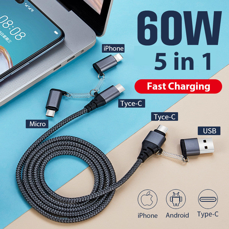 2Meters 5 In 1 Fast Charge Cable PD60W Quick Charge Data Cable For iPhone  Xiaomi Samsung Phone Tablet Laptop Black