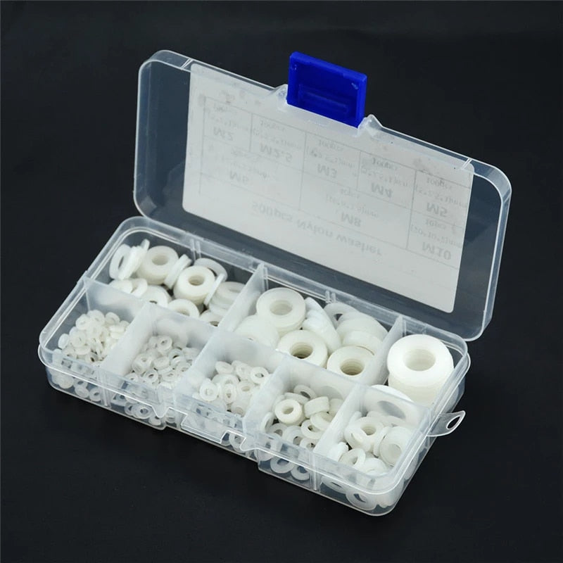 500pcs White Nylon Flat Washer Gasket Set M2 M2.5 M3 M4 M5 M6 M8 M10 Plastic Sealing O-rings Assortment Kit Fastener