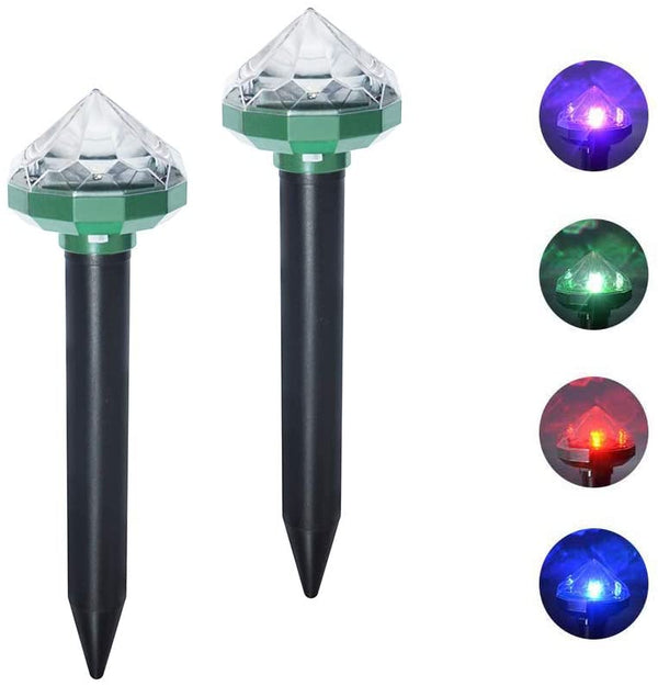 2Pcs Advanced Solar Powered Ultrasonic Mole Vole Gopher Snake Rodent Pest Repeller Outdoor Waterproof Garden Repellent Spikes w/ Multi-Changing LED Lights by Tel Solar