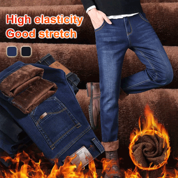 Men Plush Thickened Thermal Stretch Jeans Male Loose Stretchy Denim Straight Pants