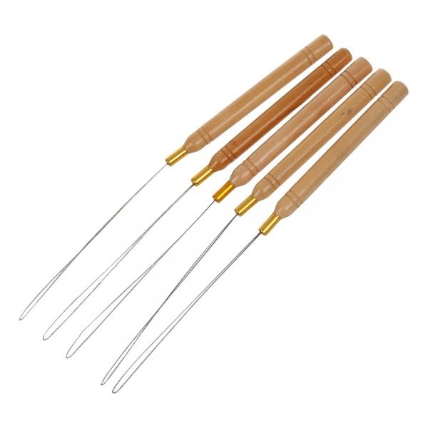 5Pcs Wooden Handle Hair Extensions Loop Needle Threader Pulling Tool
