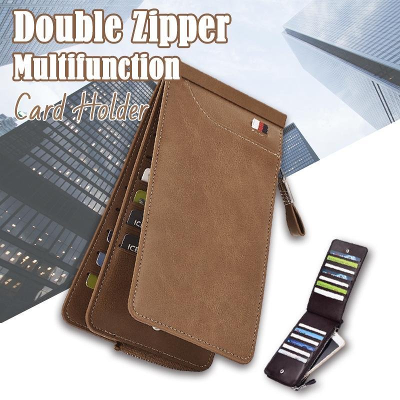 Premium Leather Double Zip Multifunctional Card Holder 26 cardholders and a zipper bag can hold mobile phones and cash
