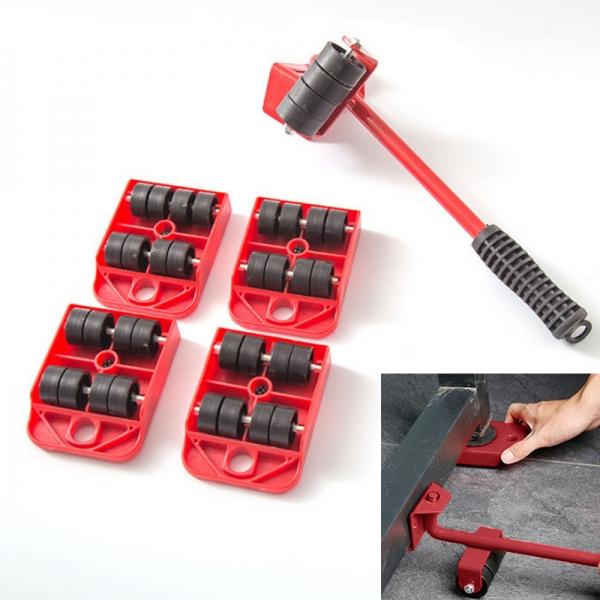 5-in-1 Furniture Lifter Mover Tool Set 1 Lifter And 4 Sliders For Moving Heavy Furniture Appliance Machine Tool - Red