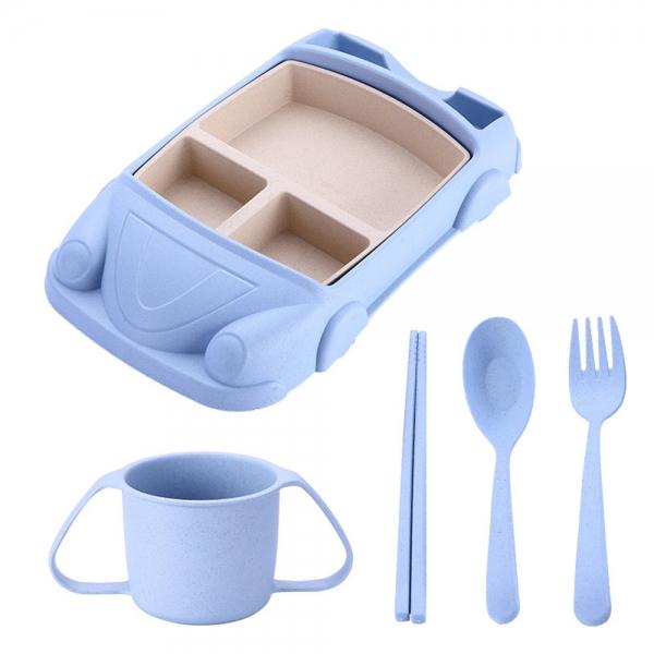 5pcs/set Creative Cartoon Car Children's Tableware Set Wheat Straw Dinnerware Set Kids Lunch Box Bento Box Blue