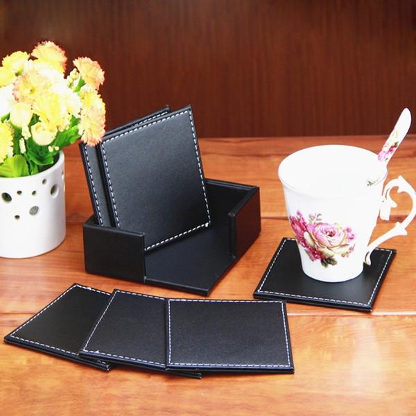 6pcs Double Deck PU Leather Square Coaster Cup Mat Placemat Black