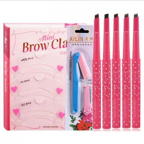 6pcs/set Eyebrow Razor + Pencil + Scissors + 3 Types Thrush Cards Eyebrow Beauty Tool #5 Dark Coffee