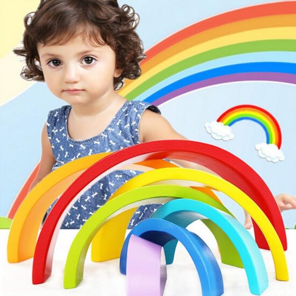7 Colors Wooden Stacking Rainbow Shape Children Kids Educational Play Toy Set
