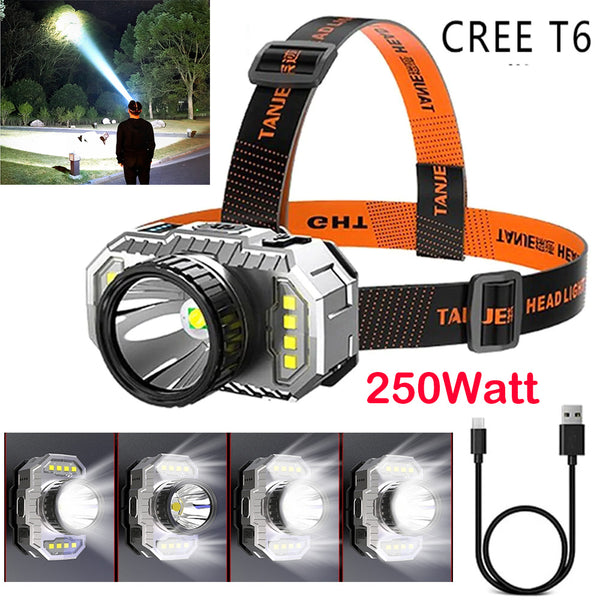 250Watt LED 3 Light Source Super Bright Headlamp Head-Mounted Flashlight Strong Light Outdoor Camping Rechargeable Night Fishing Headlight