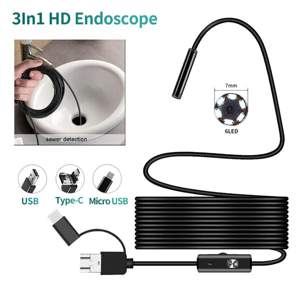 3 in 1 5.5mm Endoscope Camera Hard/Soft Cable Waterproof PC Android Phone Computer Endoscope Pipe Type C Endoscope Inspection Mini Camera
