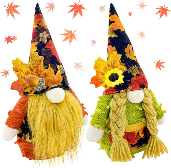 Fall Decor Gnomes Plush 2 PCS Fall Decorations for Home Thanksgiving Gnomes Decorations for Farmhouse Handmade Autumn Harvest Gnome Plaid Handmade Scandinavian Dwarf Elf Dolls Tiered Tray Decor