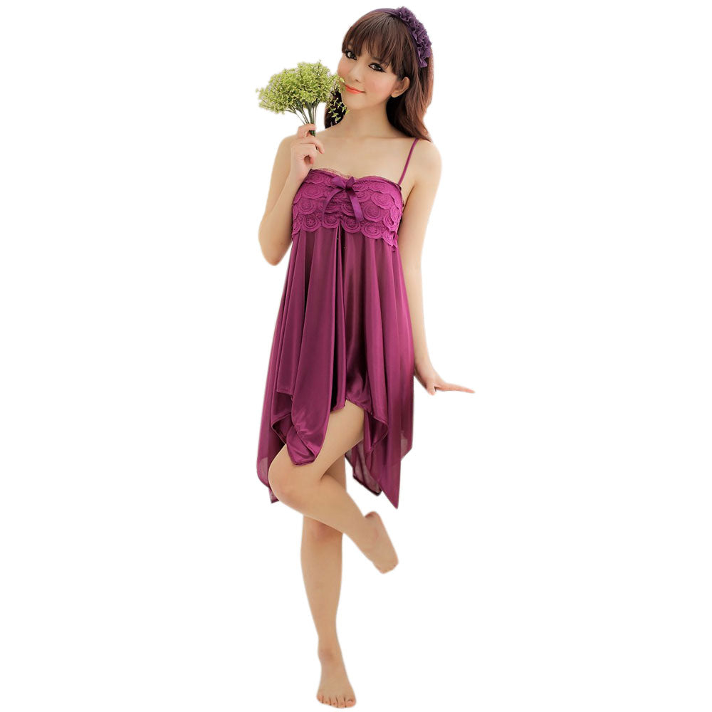 Alluring Strapless Sling Lace Chest Babydoll Sleepwear with T-back Purple