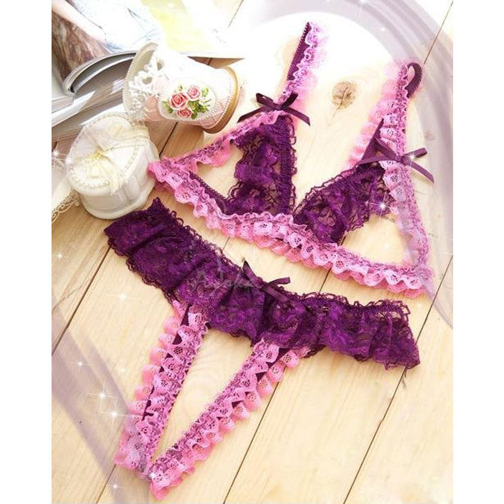 Women's Sexy Halter Backless Floral Lace Teddies Underwear Purple