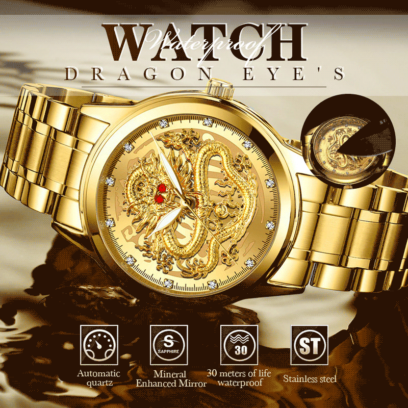 Men's Embossed Gold Dragon Watch Waterproof Diamond Set Ruby Fashion Watch