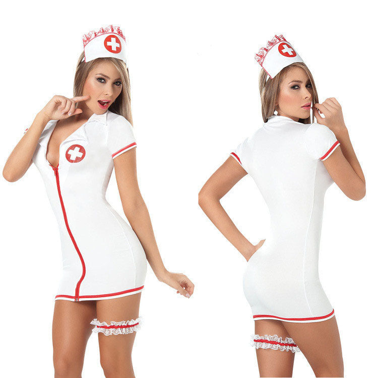 New Sexy Lingerie Sexy Uniform Temptation Red Zipper Nurse Outfit Cosplay