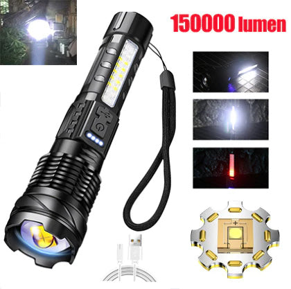 150000 Lumens GT10 White Laser Zoom Flashlight with 2600mAH Battery Type-c Rechargeable Tactical Torch with COB Side Light