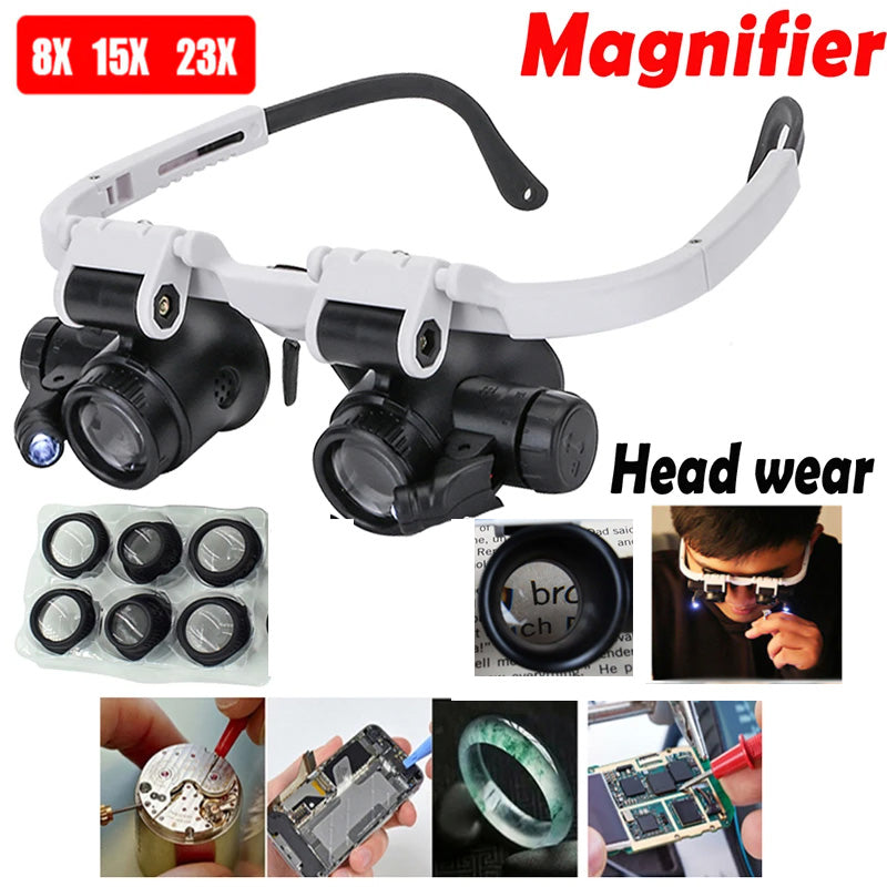 LED Glasses Magnifier 8X 15X 23X Magnifying Glasses With Light For Close Work Jeweler Loupe Watchmaker Headband Magnifying Glass