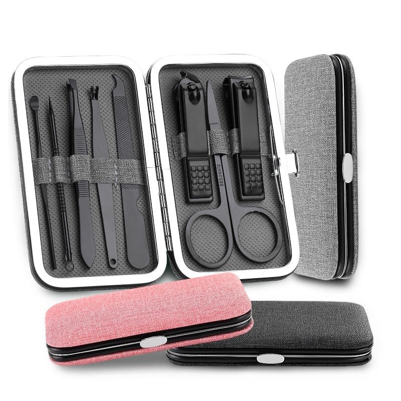 8Pcs/Set Multifunction Nail Clippers Set Stainless Steel Black Pedicure Scissor Tweezer Manicure Set Kit Nail Art Tools