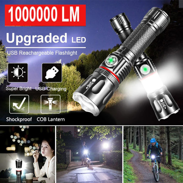 T6 100000LM Zoom Double Light Aluminum Alloy Flashlight Hidden 360 Degree COB Surrounding Soft Light USB Rechargeable Large Capacity Lithium Battery Bulbs life 100,000 hours