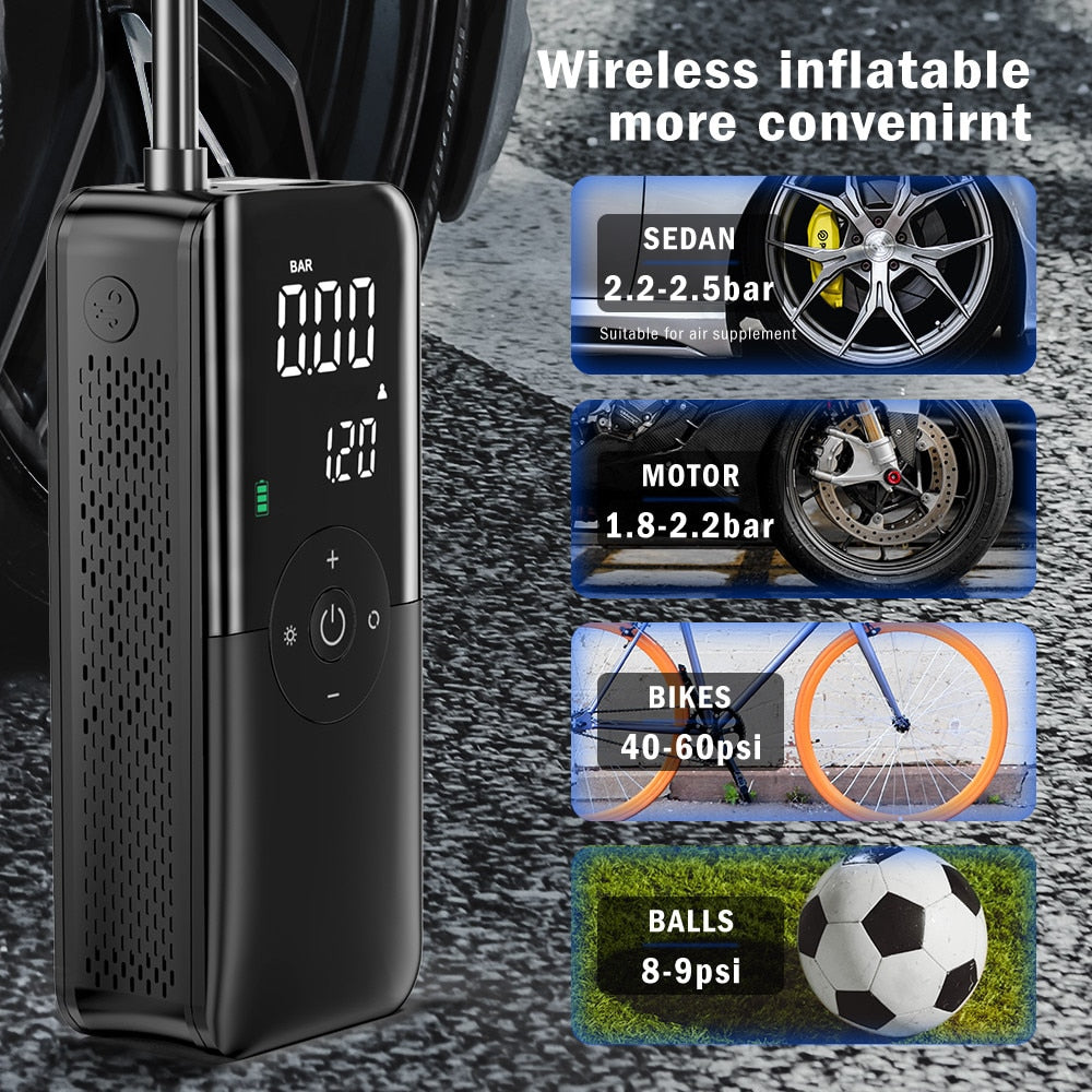 1 min Fast Filling Wireless Inflation Pump Mini Portable Tire Inflator Digital  With LED Lamp For Motorcycle Bicycle Tire Portable Inflatable Pump Air Pump