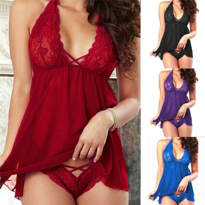 Backless Sexy Lingerie Lace Halter Underwear V-neck Lingerie Hot Erotic Babydoll