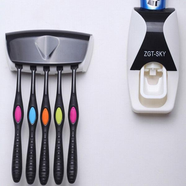 Bathroom Automatic Toothpaste Dispenser Squeezer Toothbrush Holder Set Black/Blue
