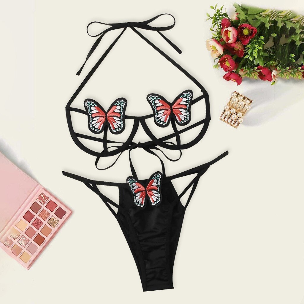 Butterfly Applique Lingerie Set Sexy Women Open Bra Thong Set Halter Hollow Out Transparent Underwear