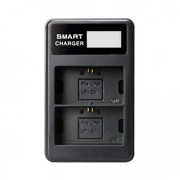 Smart LCD Display USB Dual Charger for Canon LP-E6 Automatically Recognizes the Battery and Performs Smart Charging