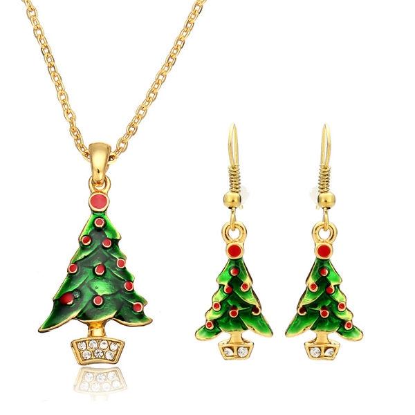 Green Drops Christmas Tree Necklace & Earrings Set Stylish Simplicity Gold Plated Alloy Christmas Decortion New Year Gift