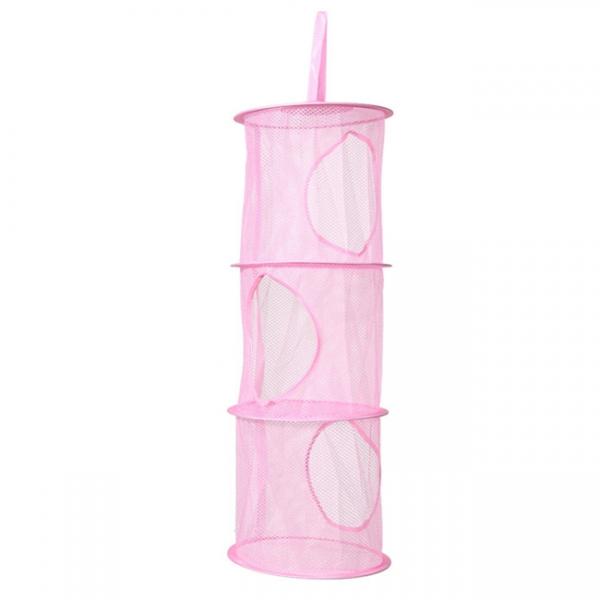 Cylindrical 3-Layer Hanging Storage Net Organizer Bag for Wall Door Closet Pink