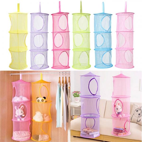 Cylindrical 3-Layer Hanging Storage Net Organizer Bag for Wall Door Closet Yellow