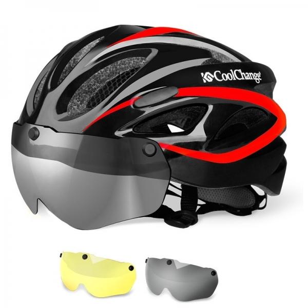 CoolChange Bicycle Helmet Mountain Bike Bicycle Windproof Lens Overall Molded Helmet 19020 - C Red 2 Lens