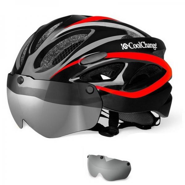 CoolChange Bicycle Helmet Mountain Bike Bicycle Windproof Lens Overall Molded Helmet 19020 - Red 1 Lens