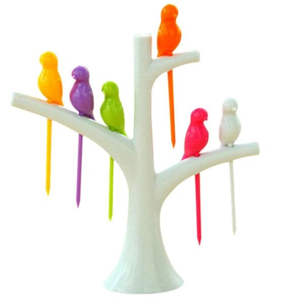 Creative Birds & Tree Design Fruit Dessert Cake Forks Picks Set White