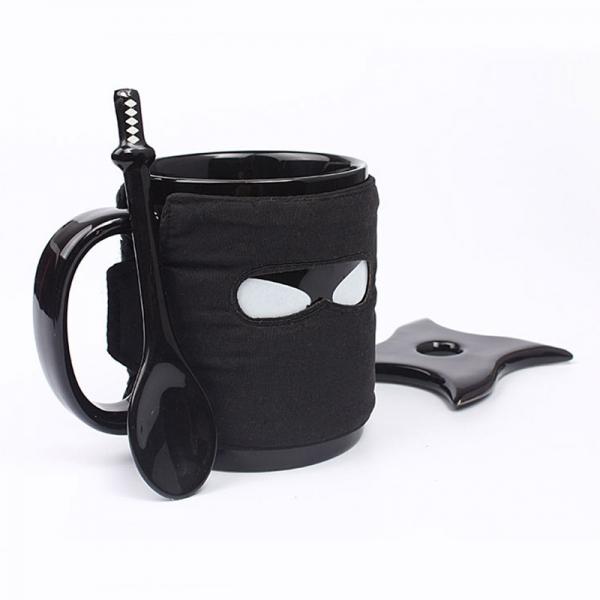 Creative Ceramic Mug Ninja Coffee Cup with Sword Spoon and Shuriken Coaster Black