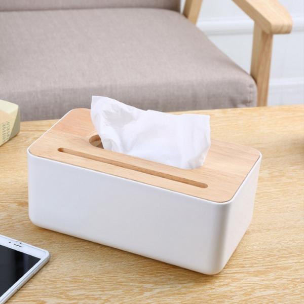 Creative Desktop Tissue Box Wooden Cover with Cellphone Holder Rectangular White
