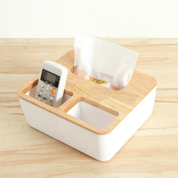 Creative Desktop Tissue Box Wooden Cover with Storage Slots Rectangular White