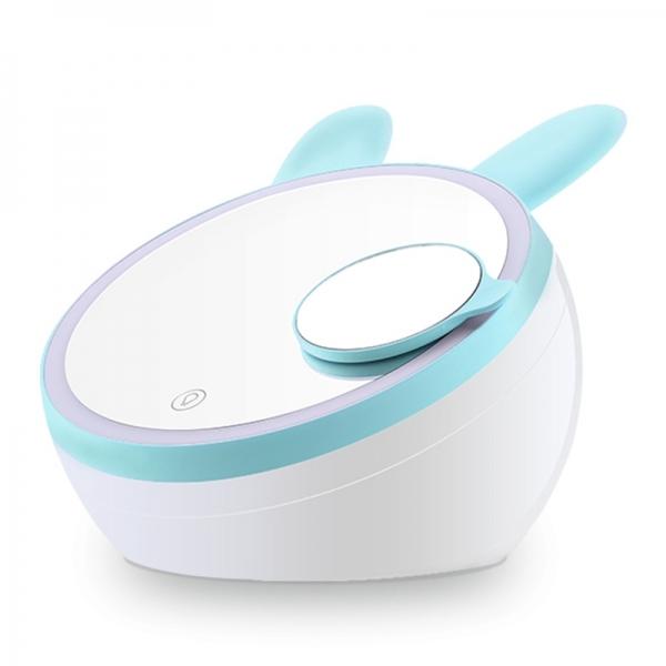 Creative LED Light Makeup Mirror Lovely Pets Shape Creative Storage Cosmetic Mirror Night Light Mirror with 2 Lights Meng Rabbit Blue