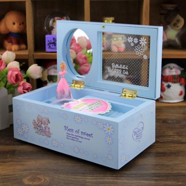 Creative Rectangular Rotating Girl Mechanical Musical Box Jewelry Box with Transparent Cover Blue