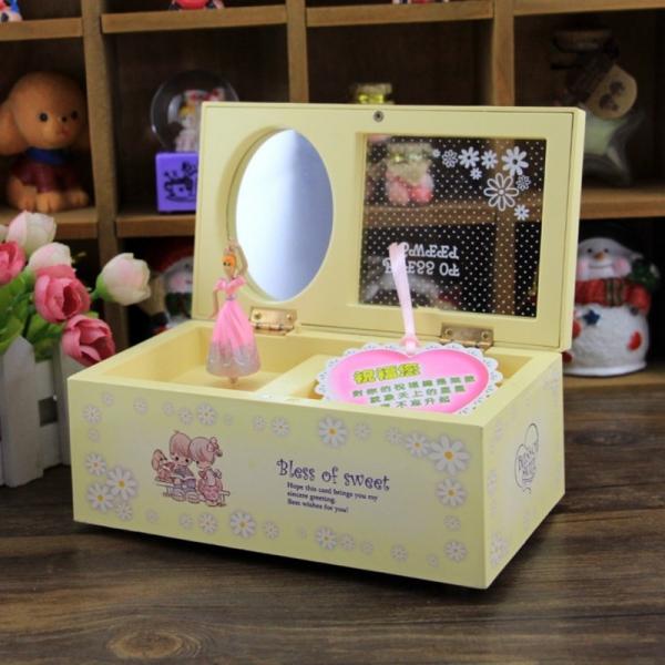 Creative Rectangular Rotating Girl Mechanical Musical Box Jewelry Box with Transparent Cover Yellow
