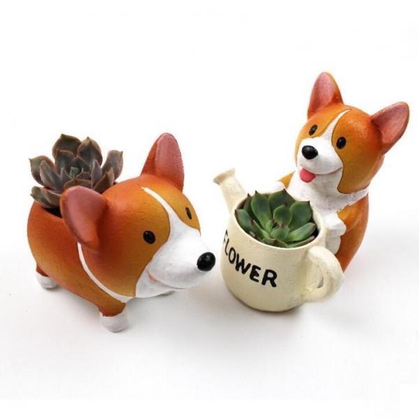 Creative Resin Kawaii Corgi Hold Pot Flowerpot Garden Decoration Desk Bonsai Succulent Plants Flower Pot