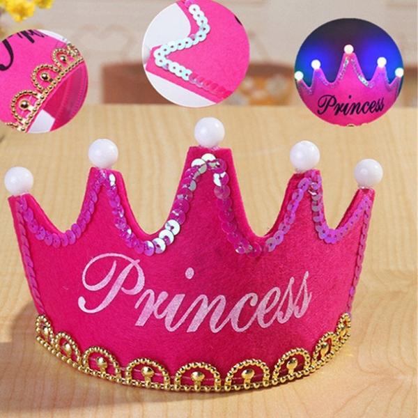 Crown Style Colorful Non-woven Hat King Princess Luminous LED Birthday Cap Rose Red Princess Type