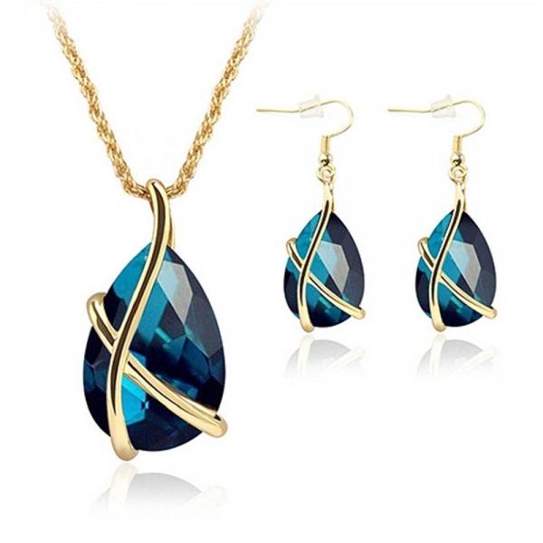 Crystal Water Drop Necklace Earrings Jewelry Set For Women - Aquamarine