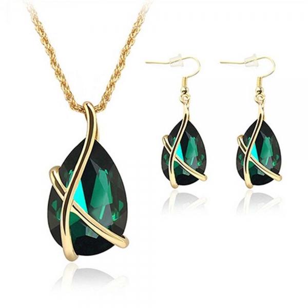Crystal Water Drop Necklace Earrings Jewelry Set For Women - Light Green