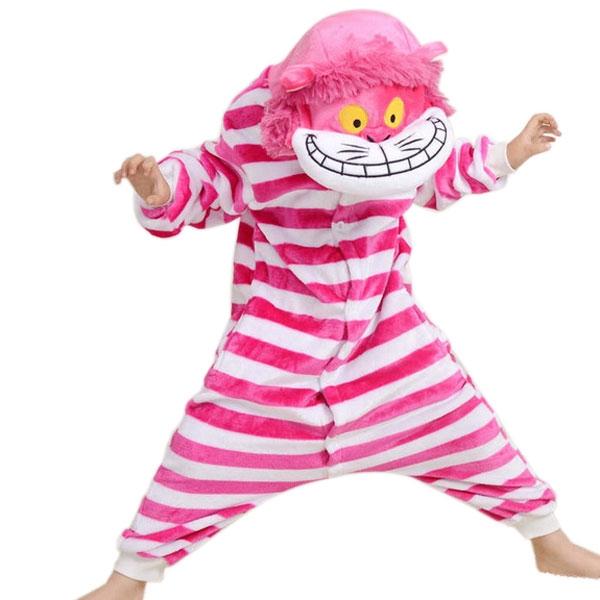 Boys Girls Flannel Cute Cartoon Cheshire Cat Sleepwear Jumpsuits 135-145cm