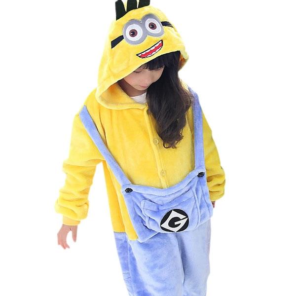 Cute Cartoon Style Minions Pattern Kids Flannel Sleepwear Jumpsuits 105-115cm