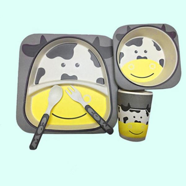 5pcs/Set Children Animal Pattern Bamboo Fiber Tableware Set - Cow